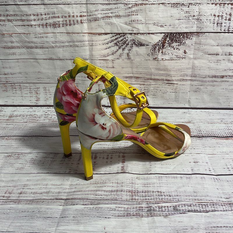 Ted Baker Yellow Floral Satin Strappy Heels Women's Size 7.5 US