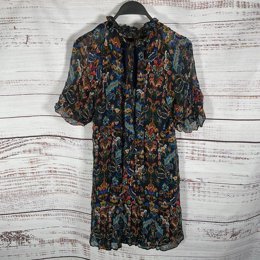 Sezane Ninon Dark Blue Floral Shear Short Sleeve Mock Neck Mini Dress - Size 34