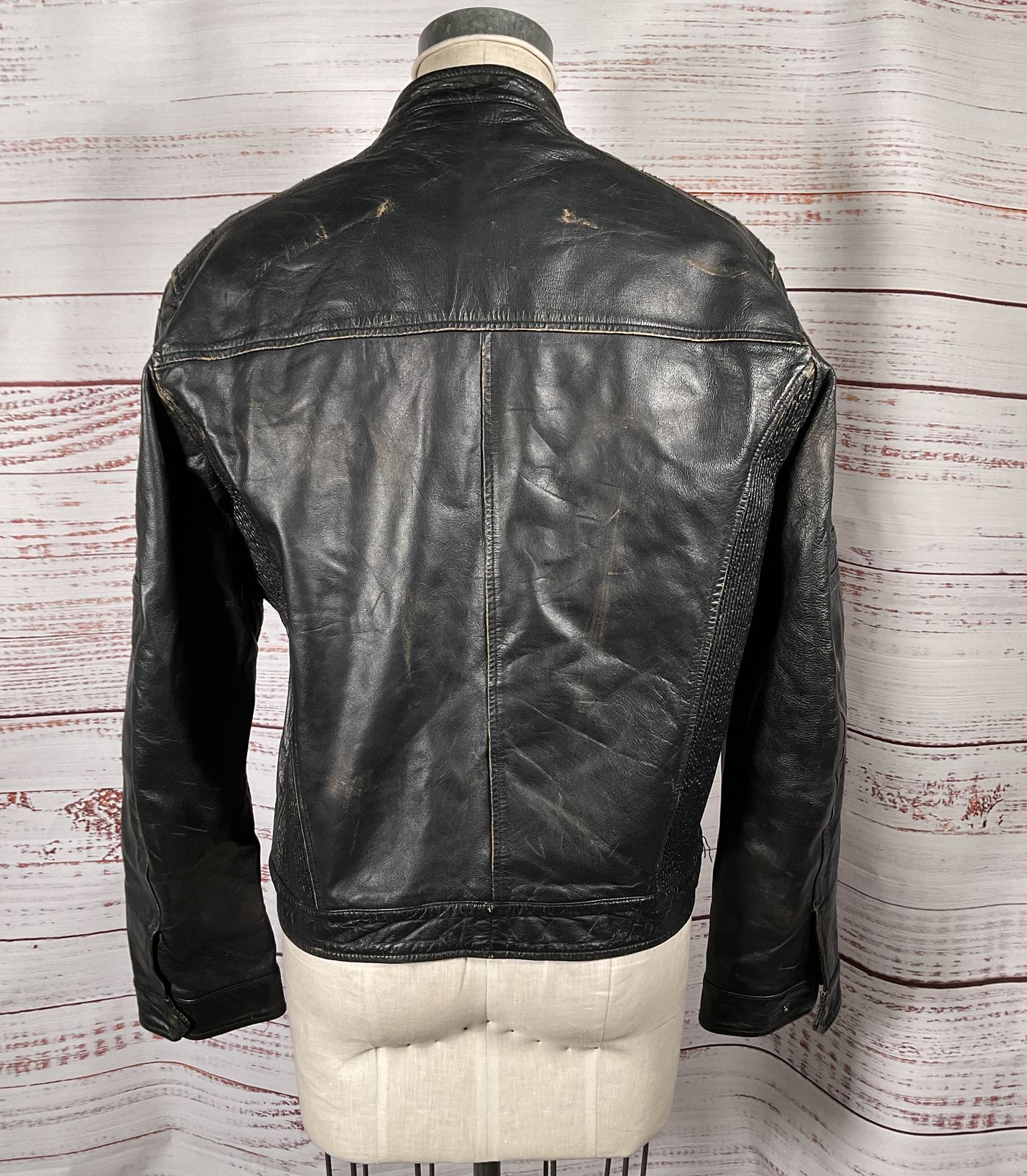 Sixty Vintage Distressed Leather Biker Jacket Black L