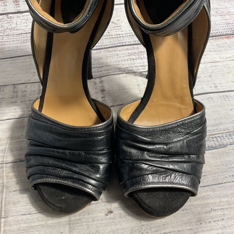 Chloe Lauren Black Leather/Snakeskin Ankle Wrap Stiletto Heel Women's Size 6