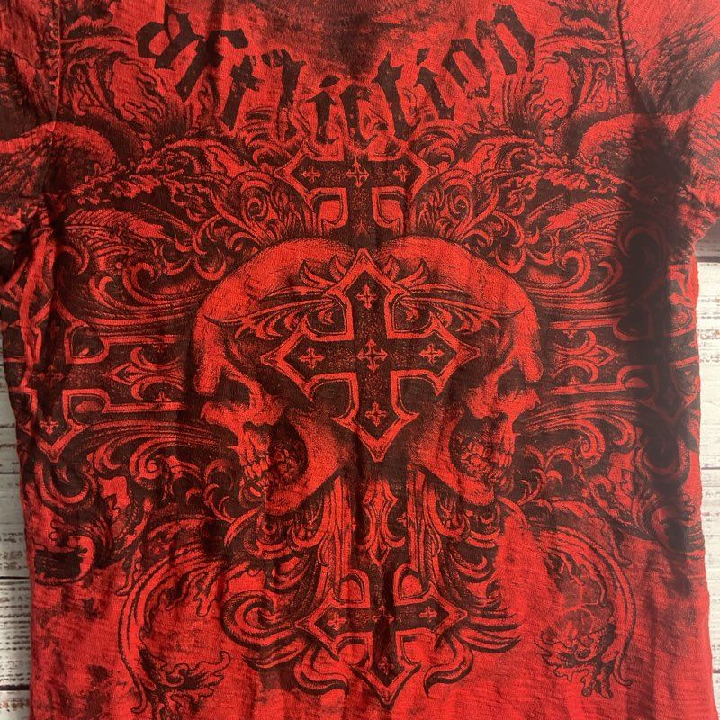 Affliction Red Cotton MMA Fedor vs. Barnette Trilogy Y2K Skull S/S T-shirt sz S