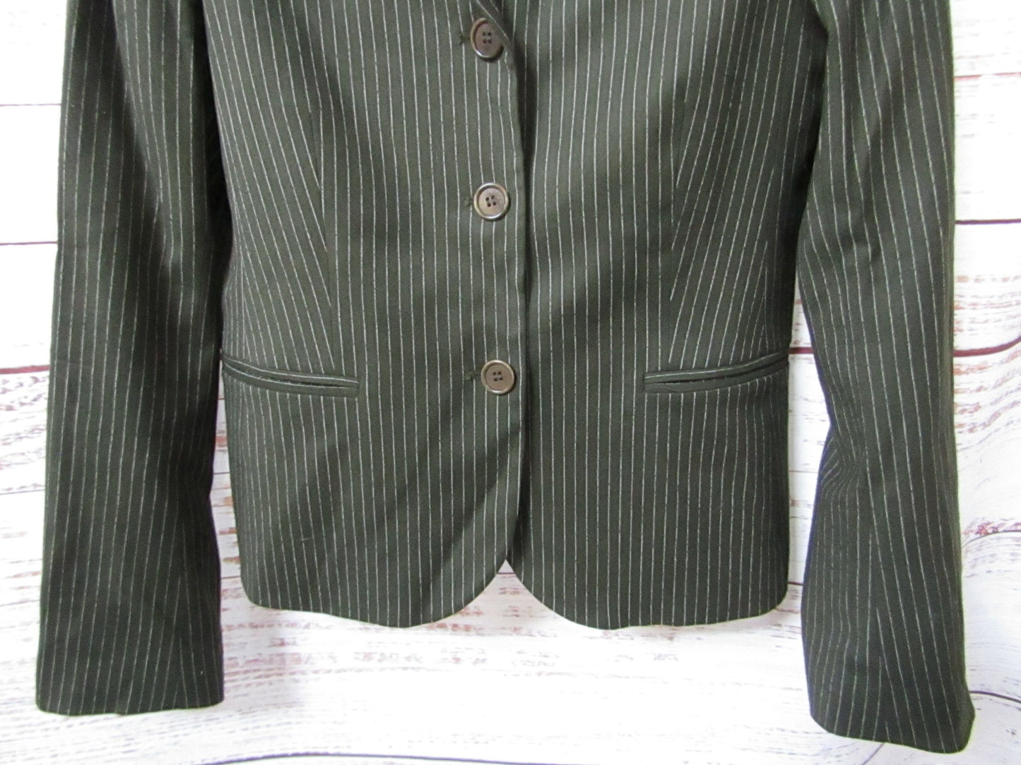 Theory Women's Green Pinstripe Wool Blend Blazer Jacket Size 6