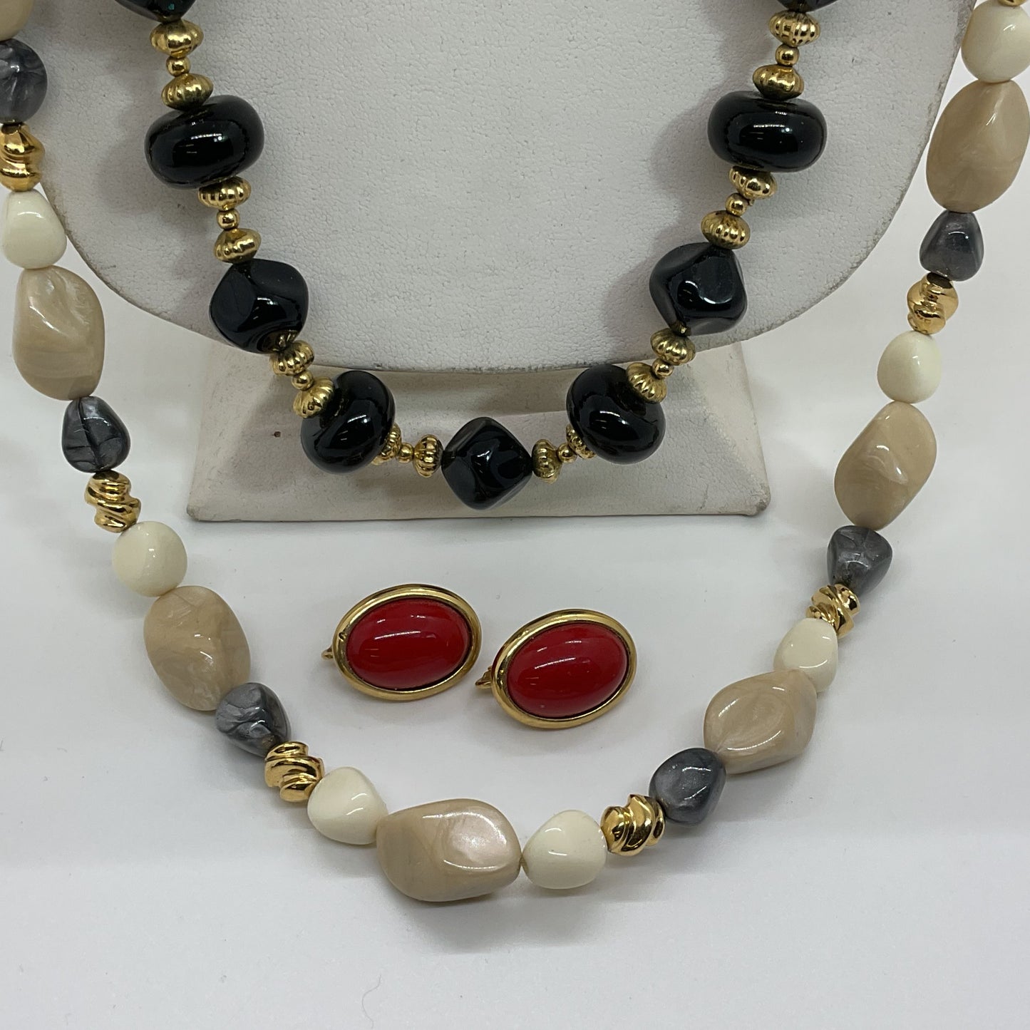 VTG. TRIFARI Set of 2 Beaded 23" & 29" Necklaces and Clip On Earrings