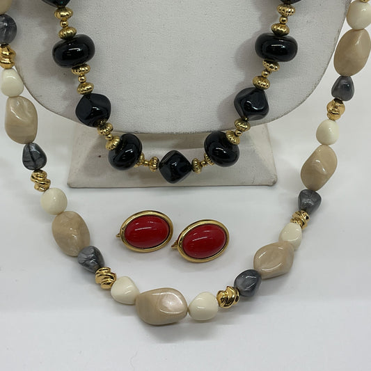 VTG. TRIFARI Set of 2 Beaded 23" & 29" Necklaces and Clip On Earrings