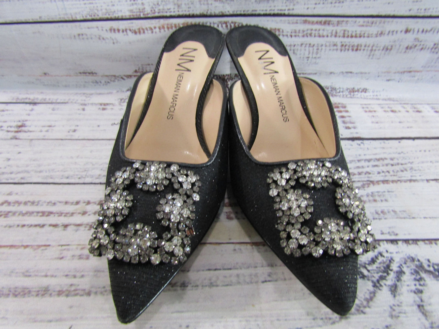 Neiman Marcus Women's Black Glitter Embellished Kitten Heel Mule Sandals Sz 5.5
