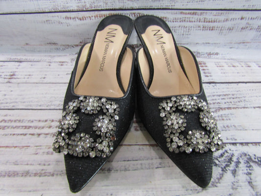 Neiman Marcus Women's Black Glitter Embellished Kitten Heel Mule Sandals Sz 5.5