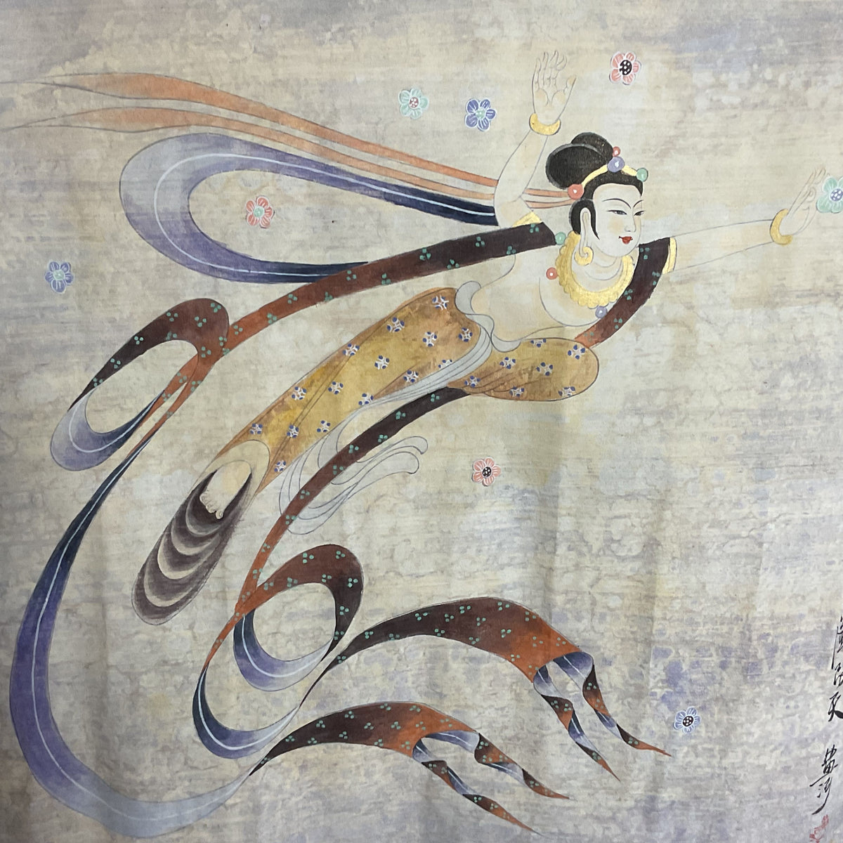 VTG./ANTIQUE Signed Chinese Flying Apsara Ink & Color Artwork PAINTING Signed.