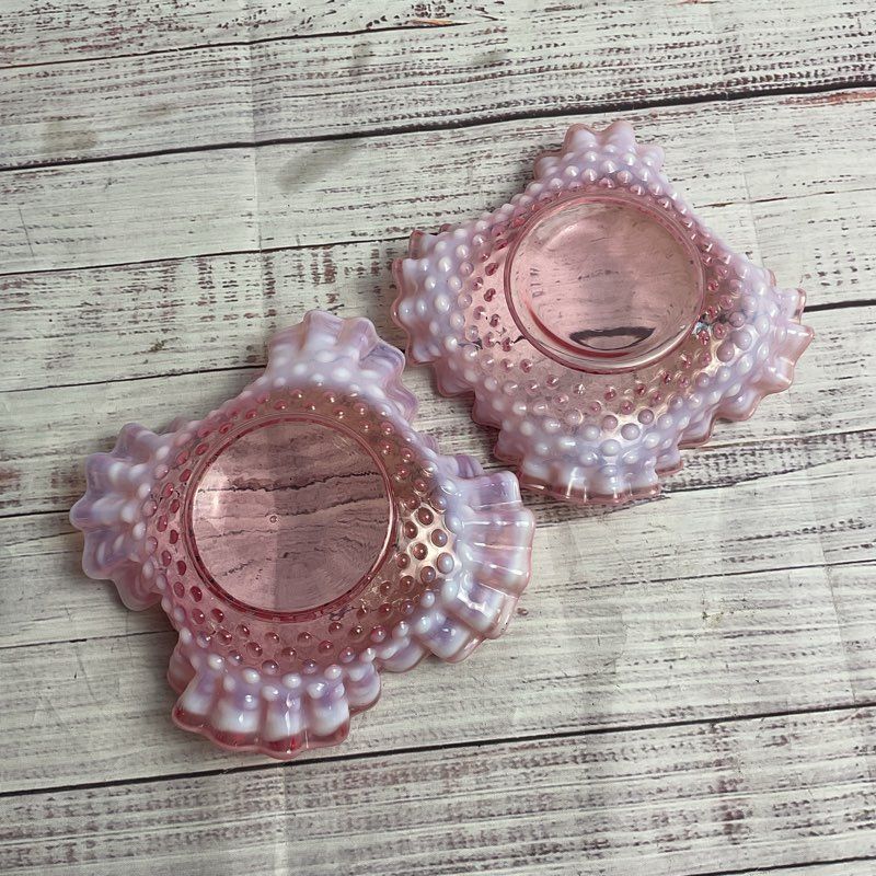 Set Of 2 Vintage Opalescent Pink Ruffle Edge Hobnail Glass 5" Trinket Dishes