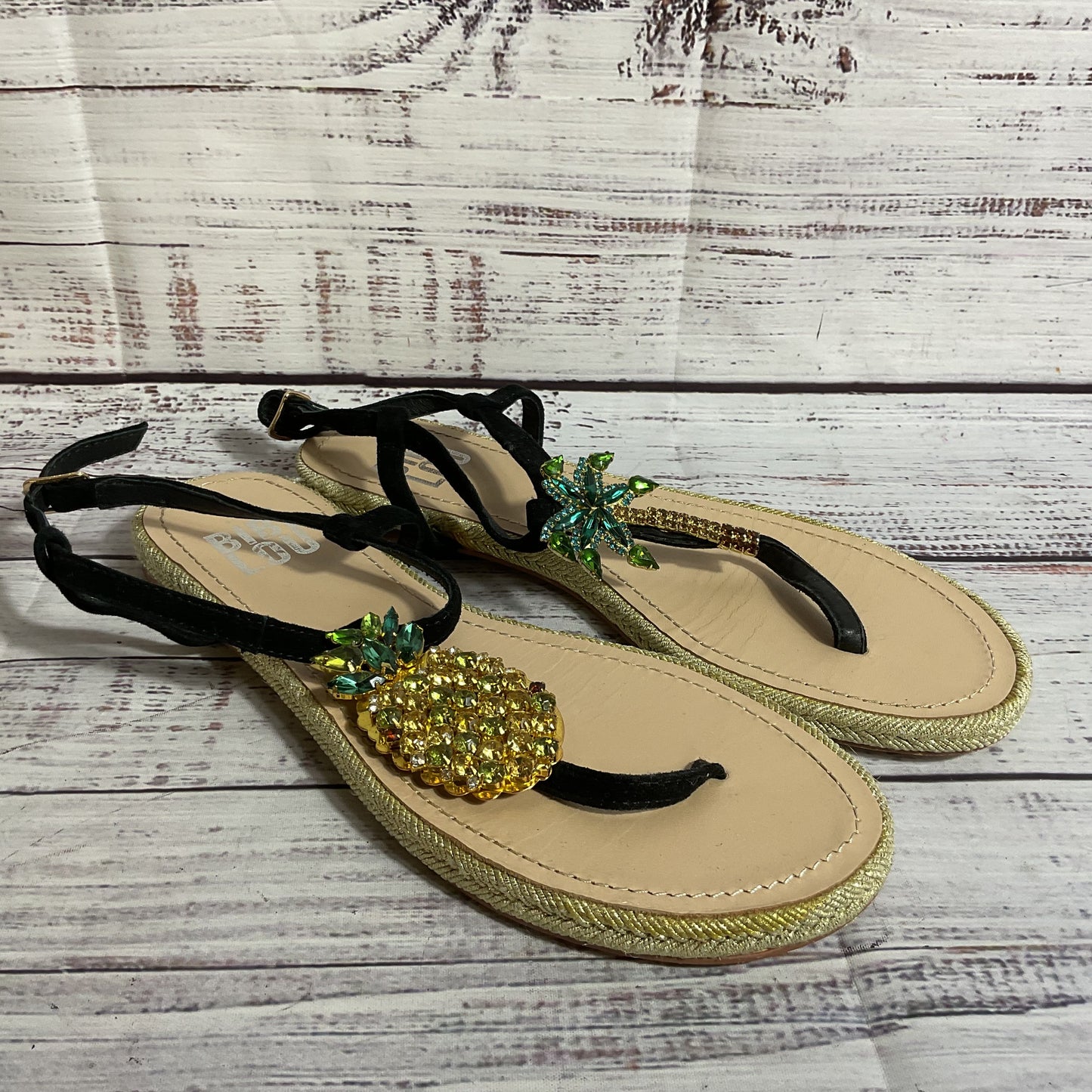 BIBI LOU Women's Black Palm Tree Pineapple Rhinestone Thong Sandals- SZ 37