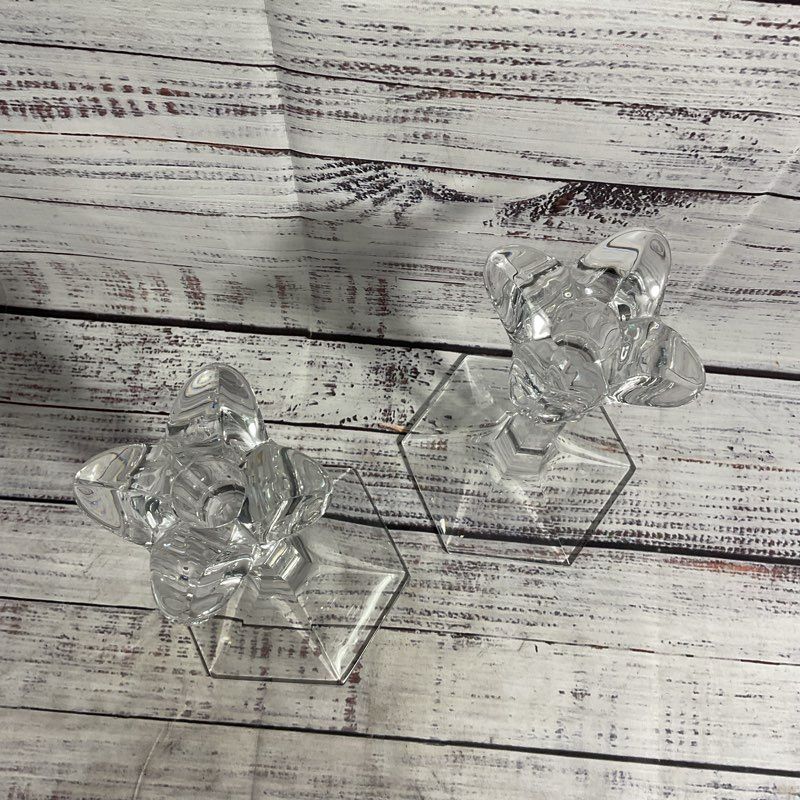 Set Of 2 Orrefors Lily Flower Crystal Glass Candlesticks