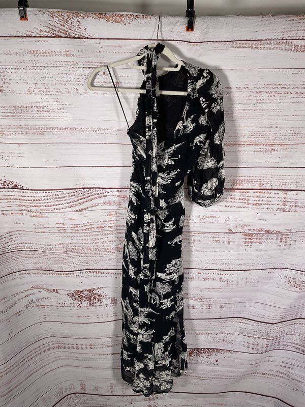 REFORMATION Freeport One Shoulder Slit Midi Dress - Black Safari Print Size 4