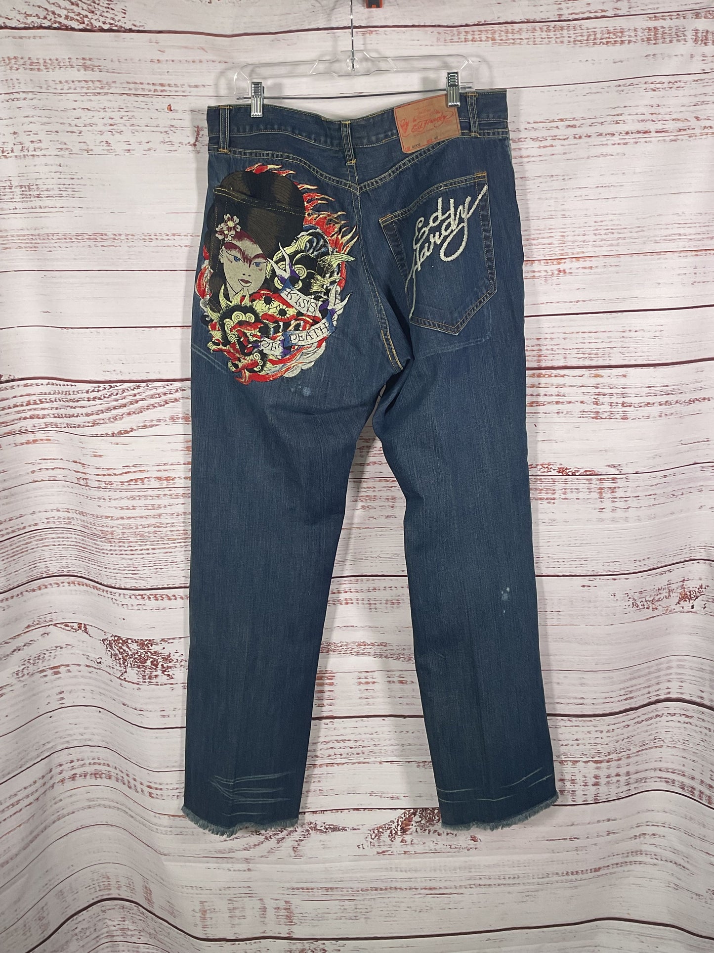 2009 Ed Hardy Kiss of Death Embroidered Blue Jeans - Size 40
