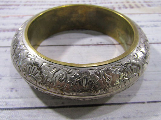 Vintage Handcrafted Floral Etched Silver Plated Brass Bangle Bracelet