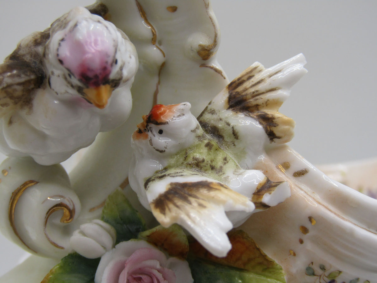 Antique Volkstedt Porcelain Conch Bird Motif Basket Made in Thuringia, Germany
