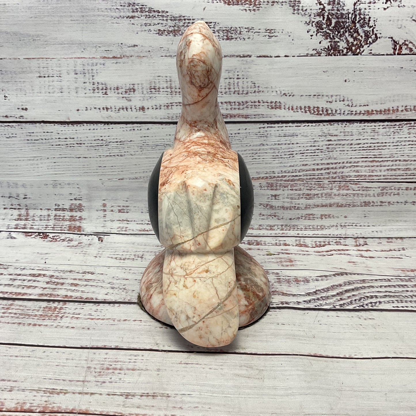 Pink Marble Carved Duck Black Stone Wings On Pedestal 7.5"