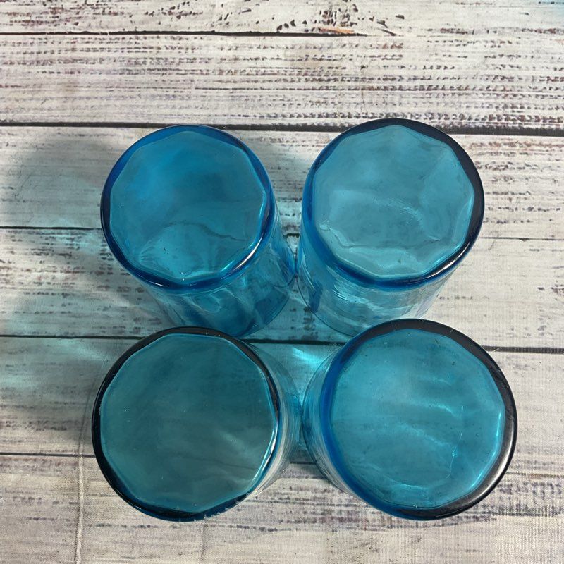 VTG. Mary Gregory Hand Painted Blue Glassware Pitcher & Cups 5 Pc. Set