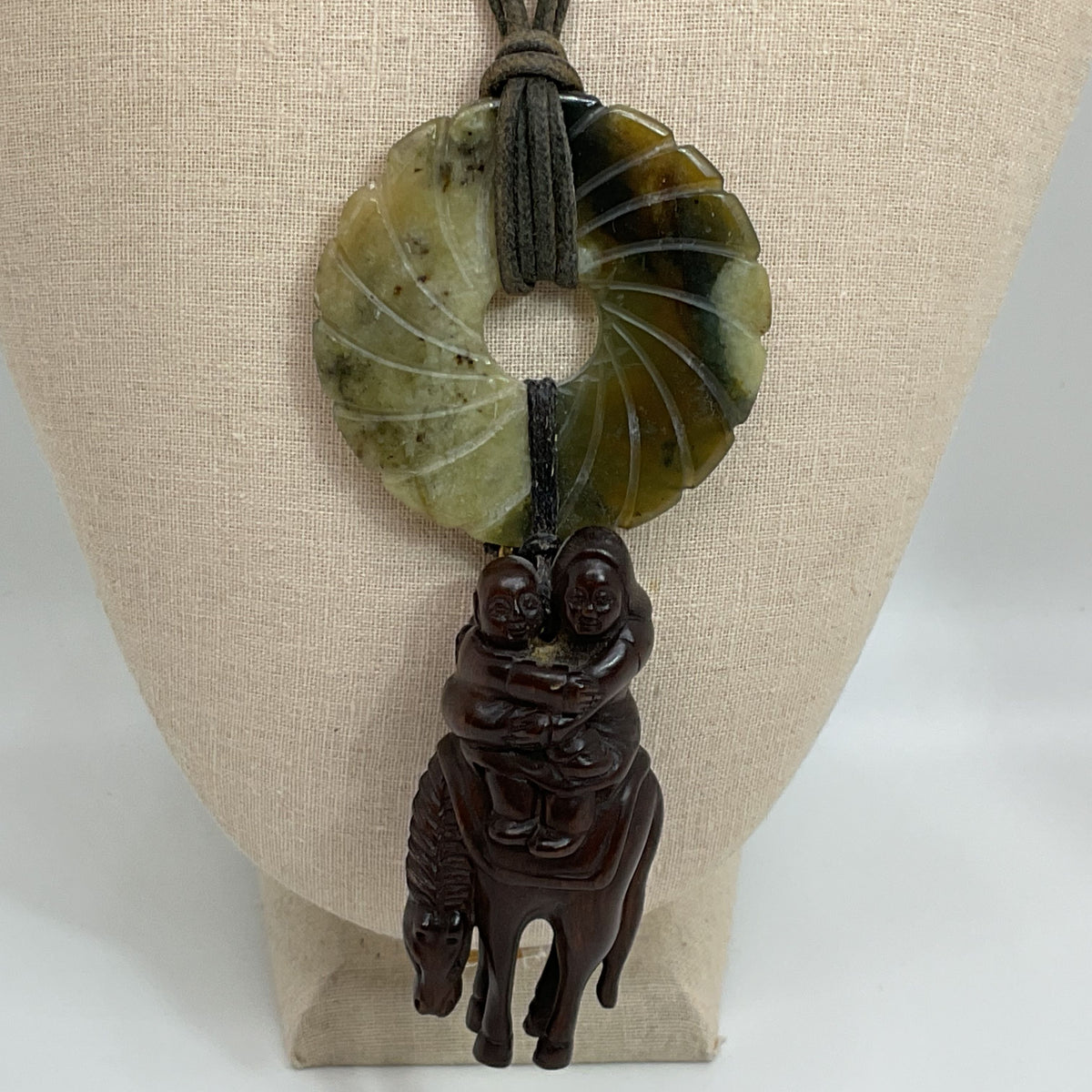 Signed ANTIQUE Japanese Carved Wood Netsuke and Jade Disc Pendant Necklace