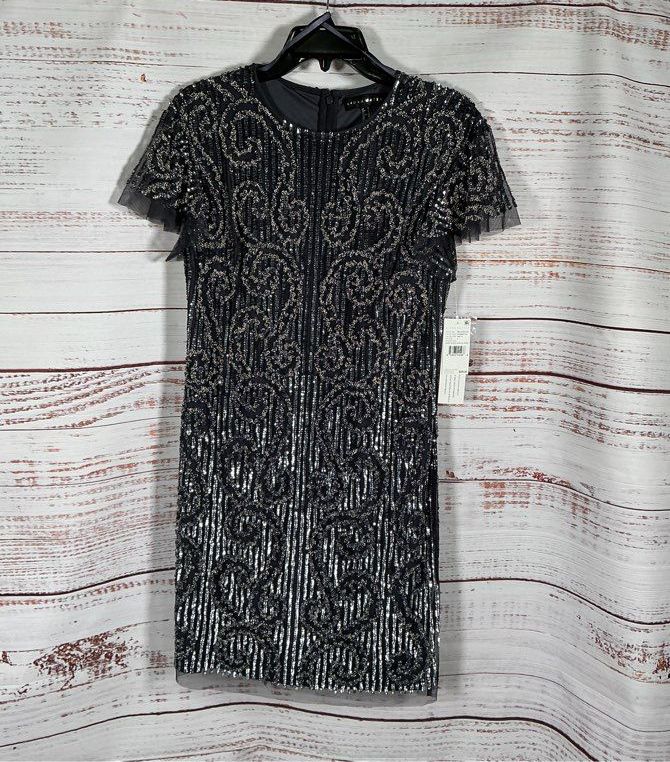 NWT Women's Aidan Mattox Gunmetal Beaded Short Sleeve Dress Size 4 Retail $395