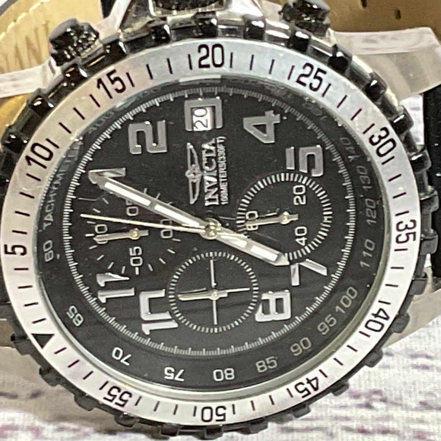 INVICTA 6001 Men's Silver Tone Black Leather Band Watch-NEEDS BATTERY