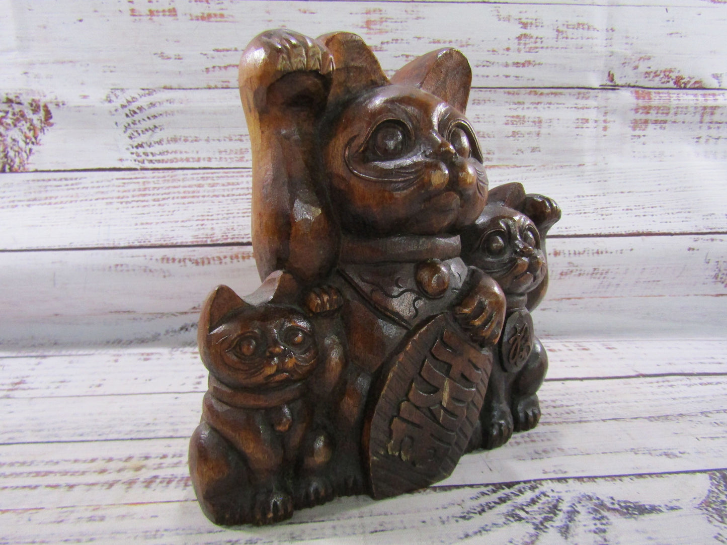Vintage Hand Carved Wooden Maneki Neko Family Figurine