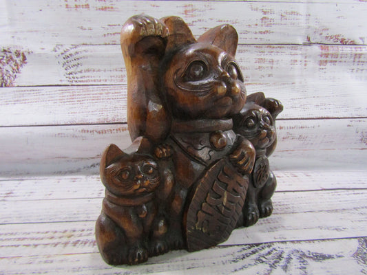 Vintage Hand Carved Wooden Maneki Neko Family Figurine