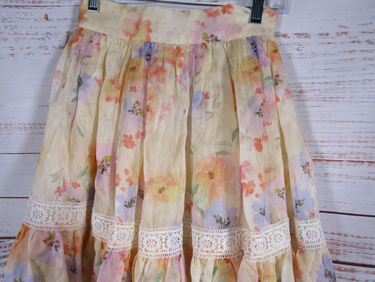 Petite Amalie Girl's Floral Watercolor Print Silk Linen Ruffle Hem Skirt Size 12