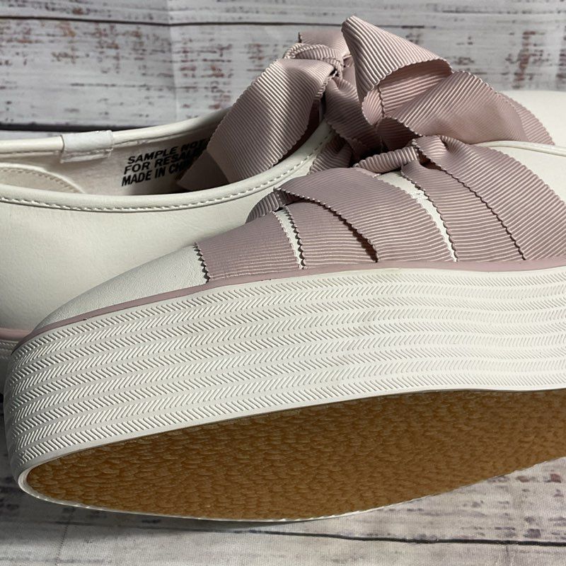 Keds Pointed Toe White Leather Pink Ribbon Platform Ballet Shoes Women's Size 7