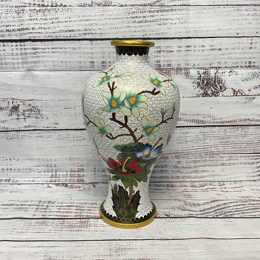 Cloisonne Floral Bird Design White Enamel Brass Vase 10.5"