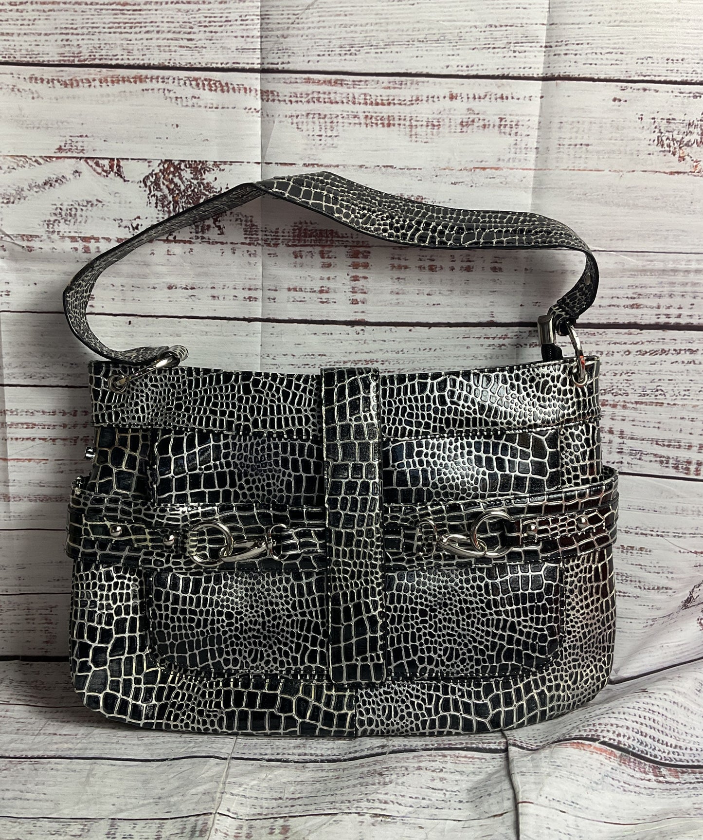 Charlie Lapson Leather Crocodile Embossed Shoulder Bag Black