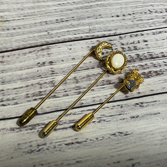 Set of 3 VTG. Gold Tone Bear, Moon, Cabochon Stick Pins