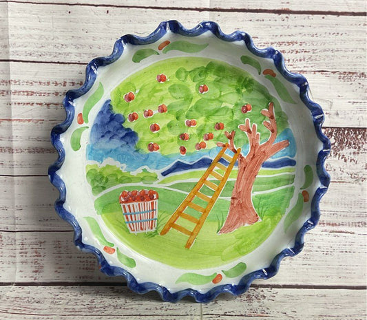 Vintage Hand Painted 9.5" Pottery Apple Tree Pie Dish Multicolor