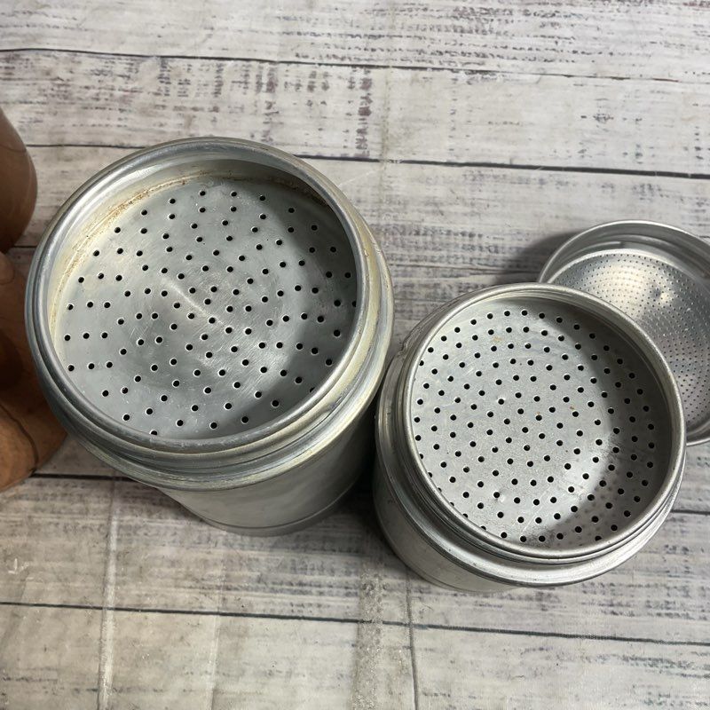 Set Of 2 Vintage Copper Muffineer Powder Sugar Shaker Italian Wood Handle