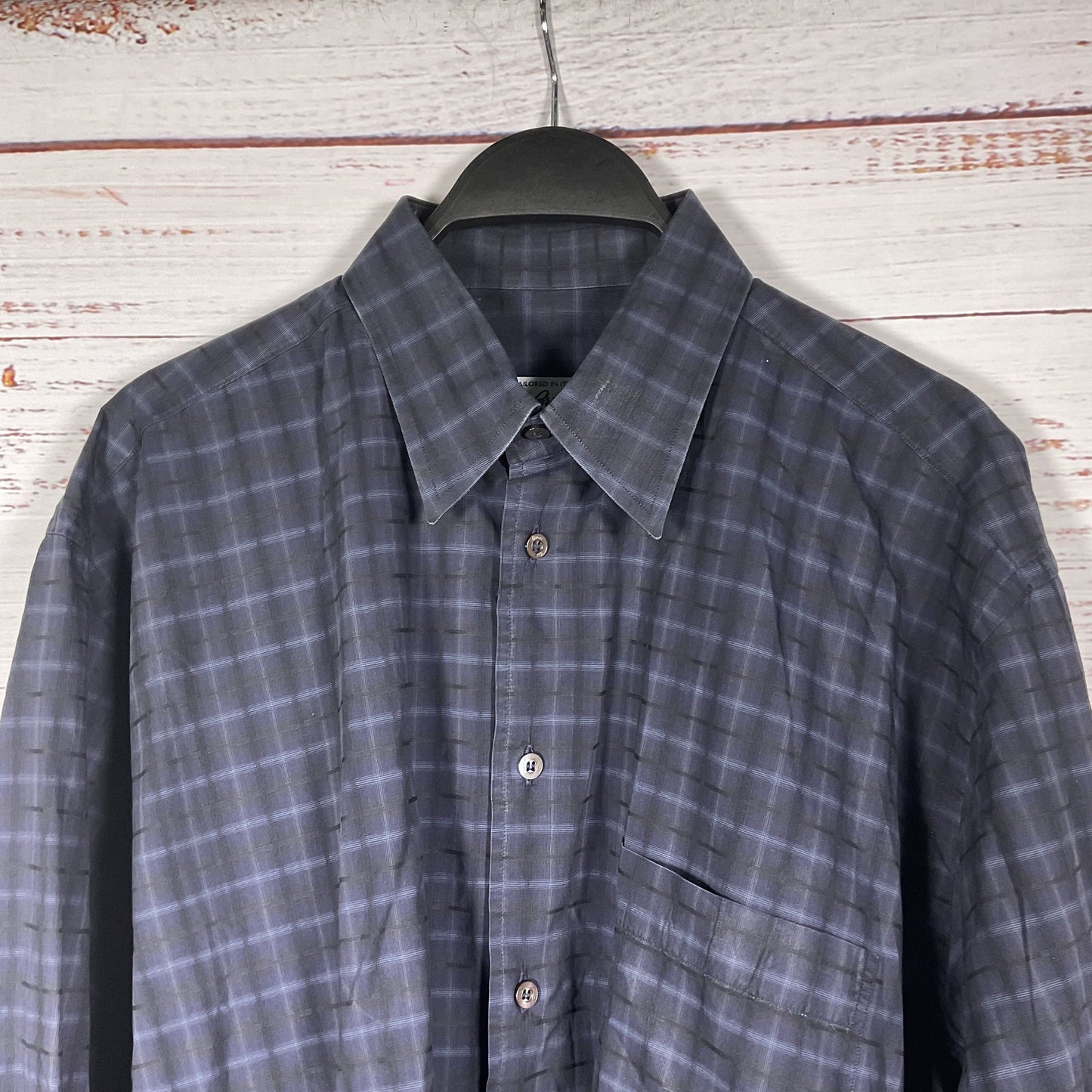 Brioni Neiman Markus Black Navy Blue Plaid Long Sleeve Button Up Dress Shirt L