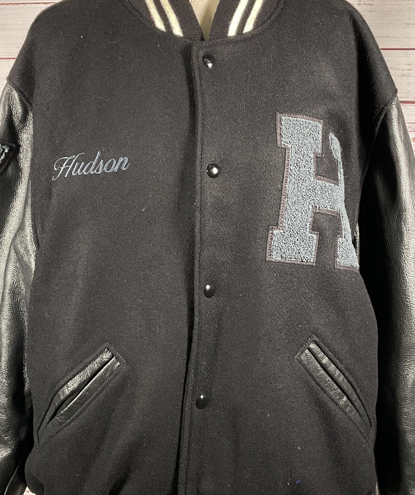 Hudson x Brandon Williams Leather Virgin Wool Varsity Jacket Black XL