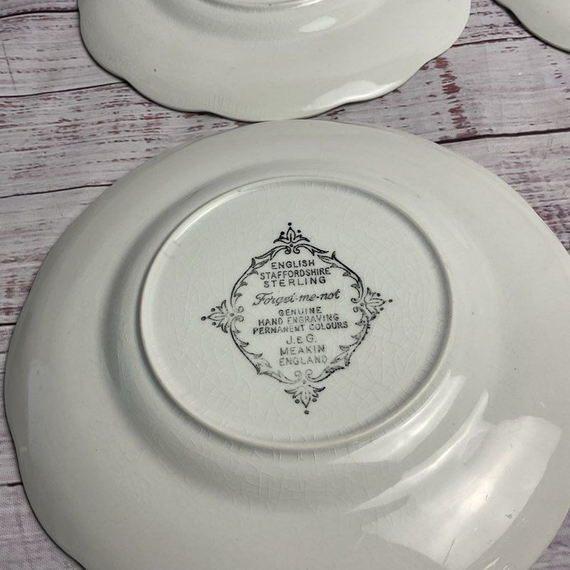 J&G Meakin 4 Pc. Forget Me Not 7" Floral Rim White Porcelain Dessert Plate Set