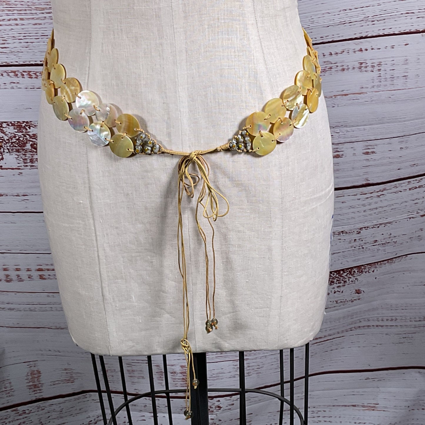 VTG. Mother of Pearl Shell Disc Adjustable Boho Braided Cord Belt- 60"