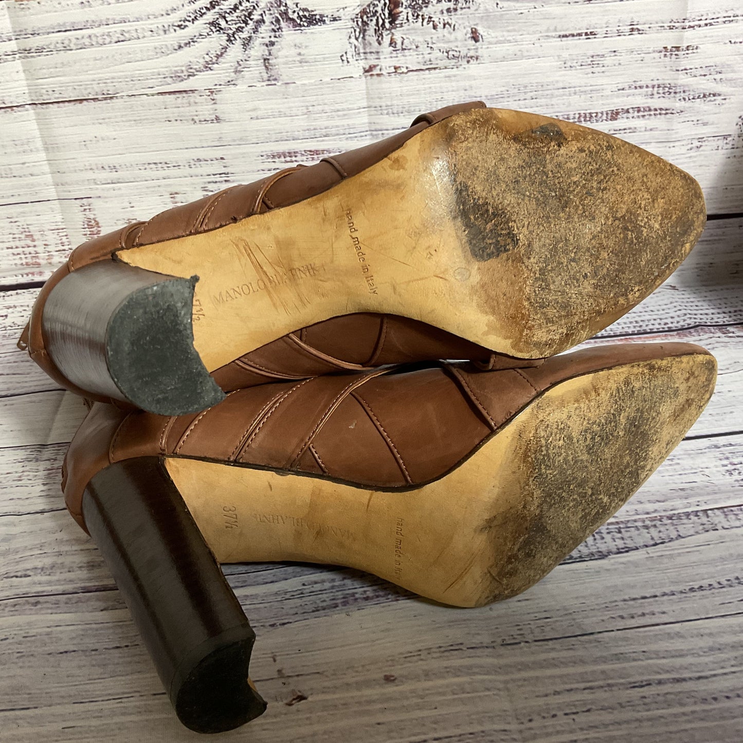 MANOLO BLAHNIK Women's Brown Leather Strap Mid Calf Boots- SZ 37.5