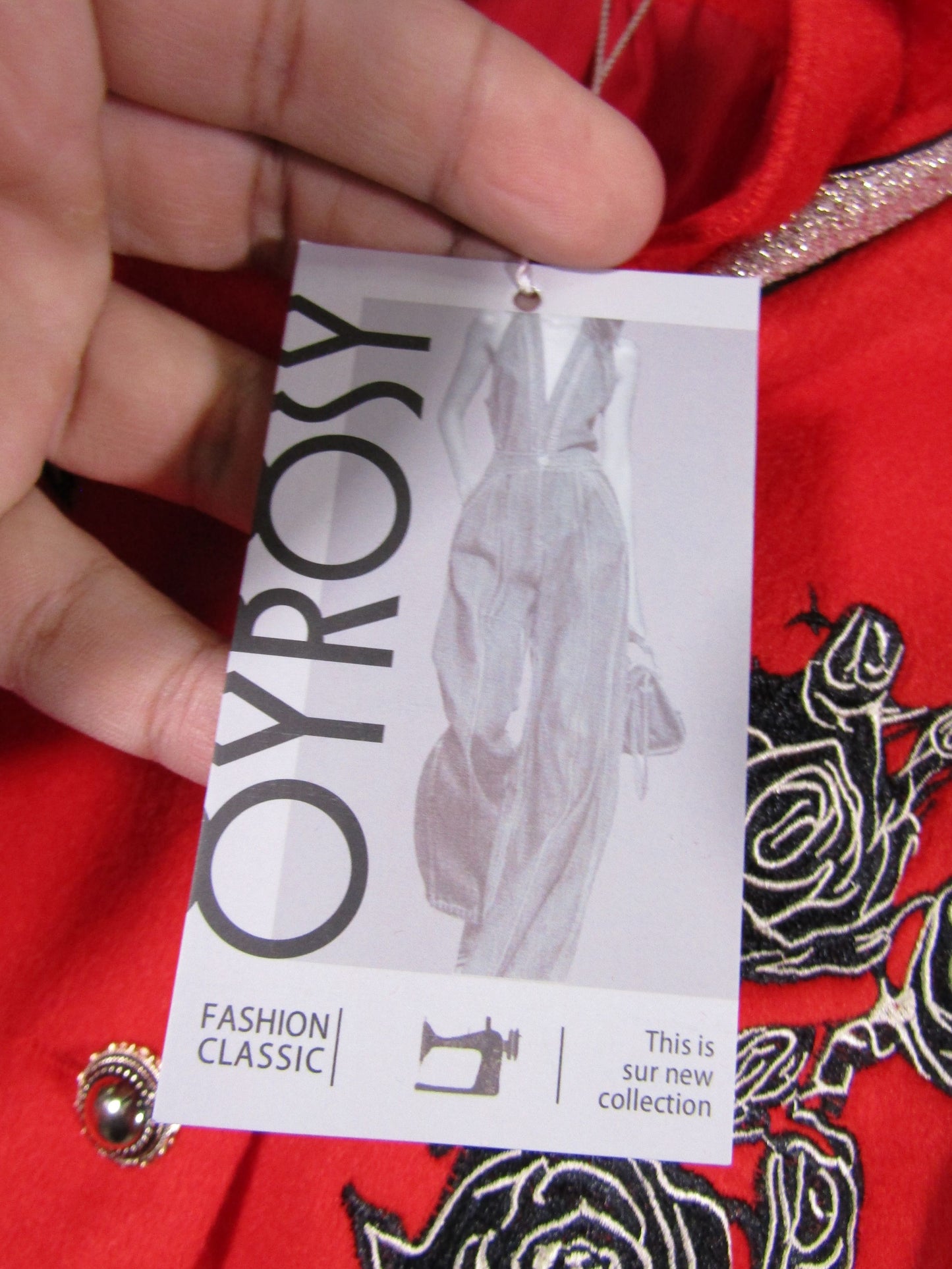 Oyrosy Women's Red Ruffled Stand-up Collar Rose Embroidered Jacket Size M