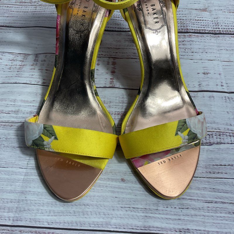 Ted Baker Yellow Floral Satin Strappy Heels Women's Size 7.5 US