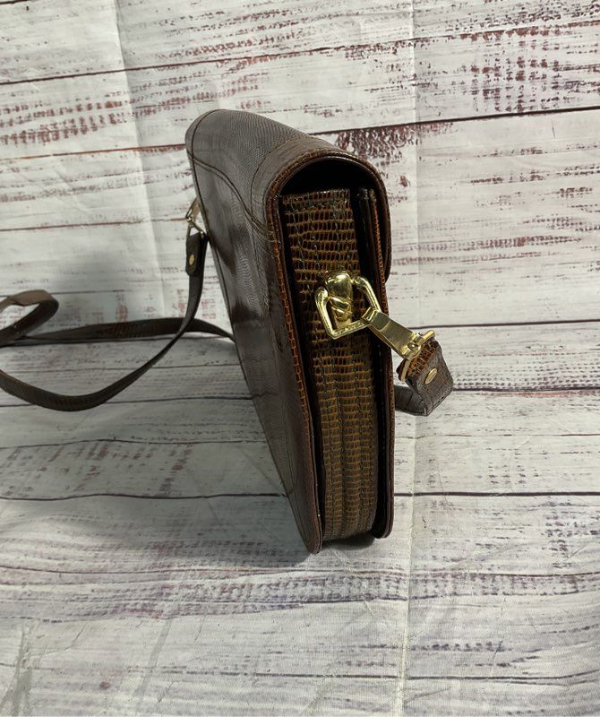 Vintage Brown Snake Embossed Leather Front Flap Shoulder Bag Women's