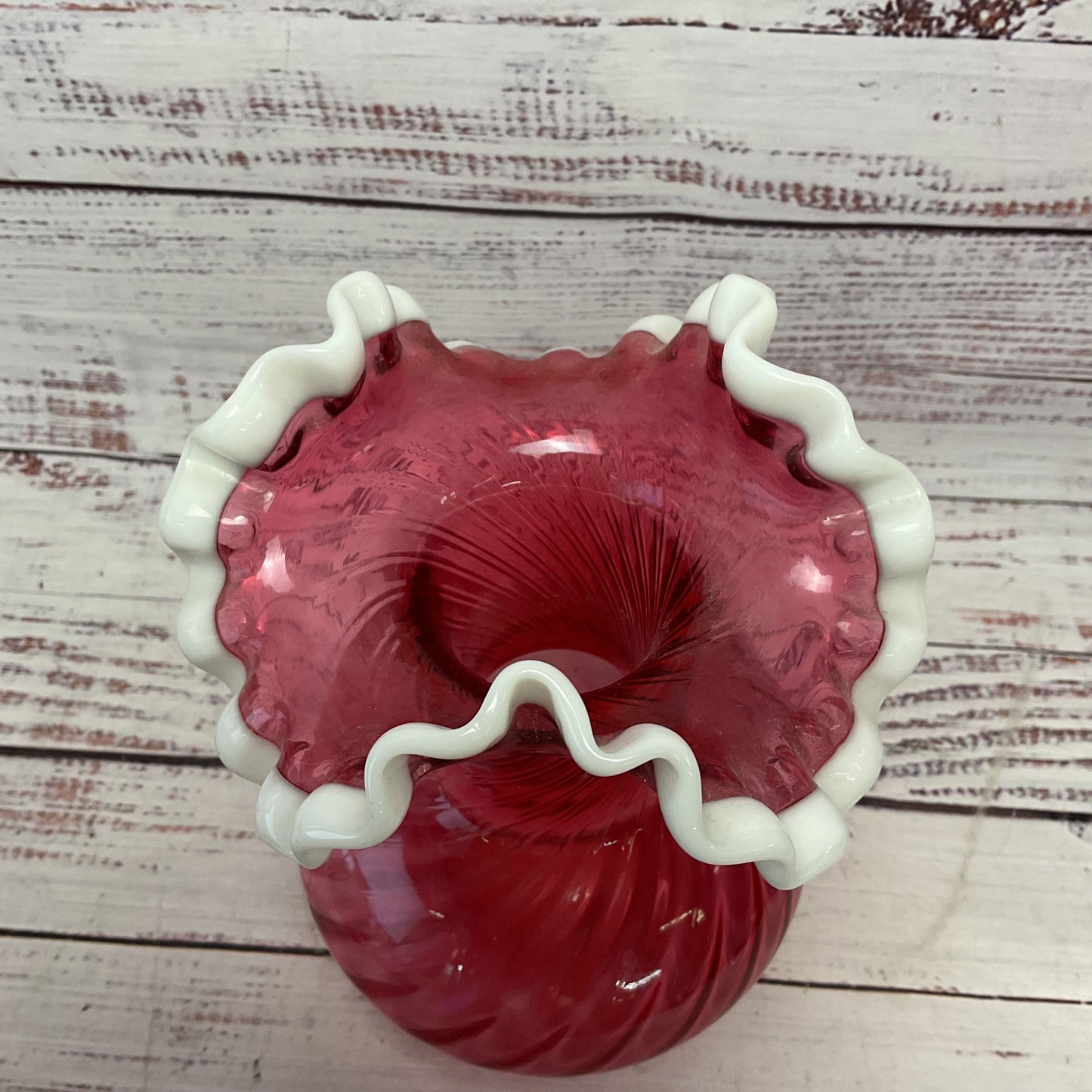 Fenton Pink Ruby Red Clear Swirl White Milk Glass Ruffled Rim 7.5" Vase