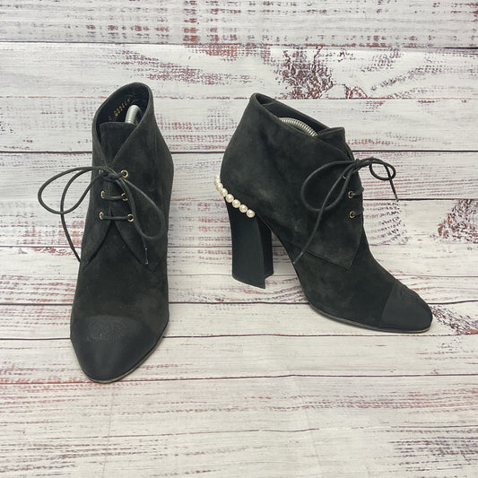 Chanel Black Suede Ankle Boot Heel Bootie Pearl Accent Women Size 6.5