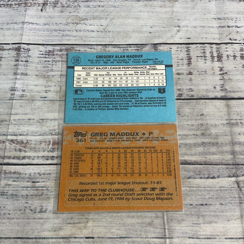 Lot Of 2 VTG. 1988 Greg Maddux Baseball Cards Ungraded Donruss #539 Topps #361