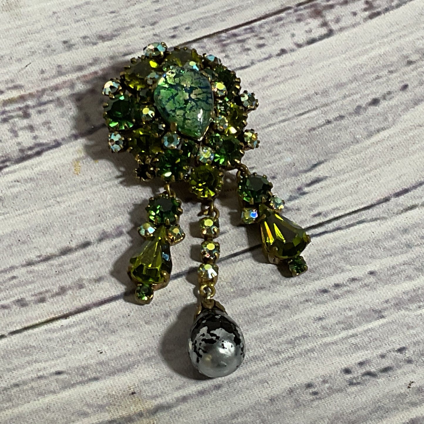 VTG. In Style of CLAUDETTE Cat Foil Glass & Rhinestone Brooch- 2.75"