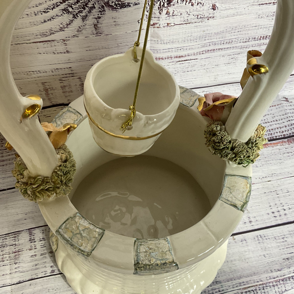 VTG./ANTIQUE CAPODIMONTE Porcelain Wishing Well with Hanging Bucket- 14"