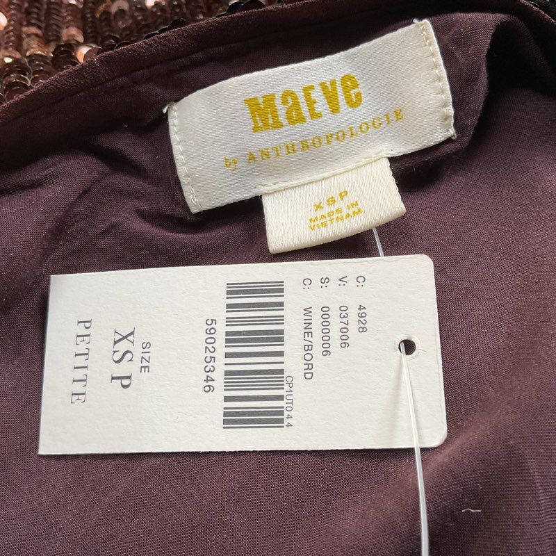 NWT MAEVE for ANTHROPOLOGIE Women's Brown Sequin Short Side Slit Dress- SZ XS