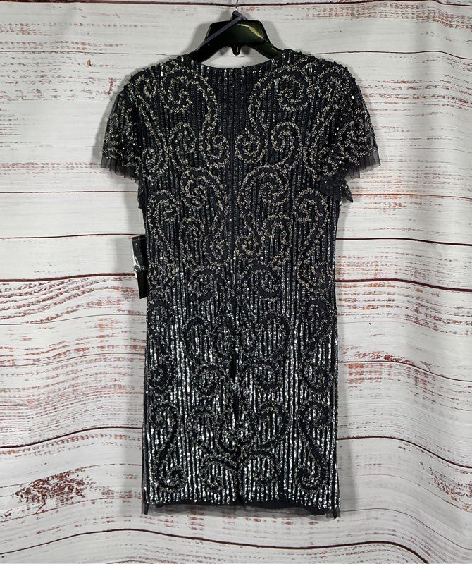 NWT Women's Aidan Mattox Gunmetal Beaded Short Sleeve Dress Size 4 Retail $395