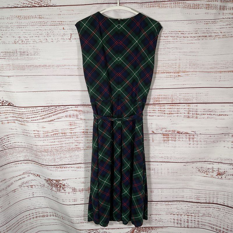 Lauren Ralph Lauren Green Plaid Sleeveless Belted Midi Casual Dress - Size 10