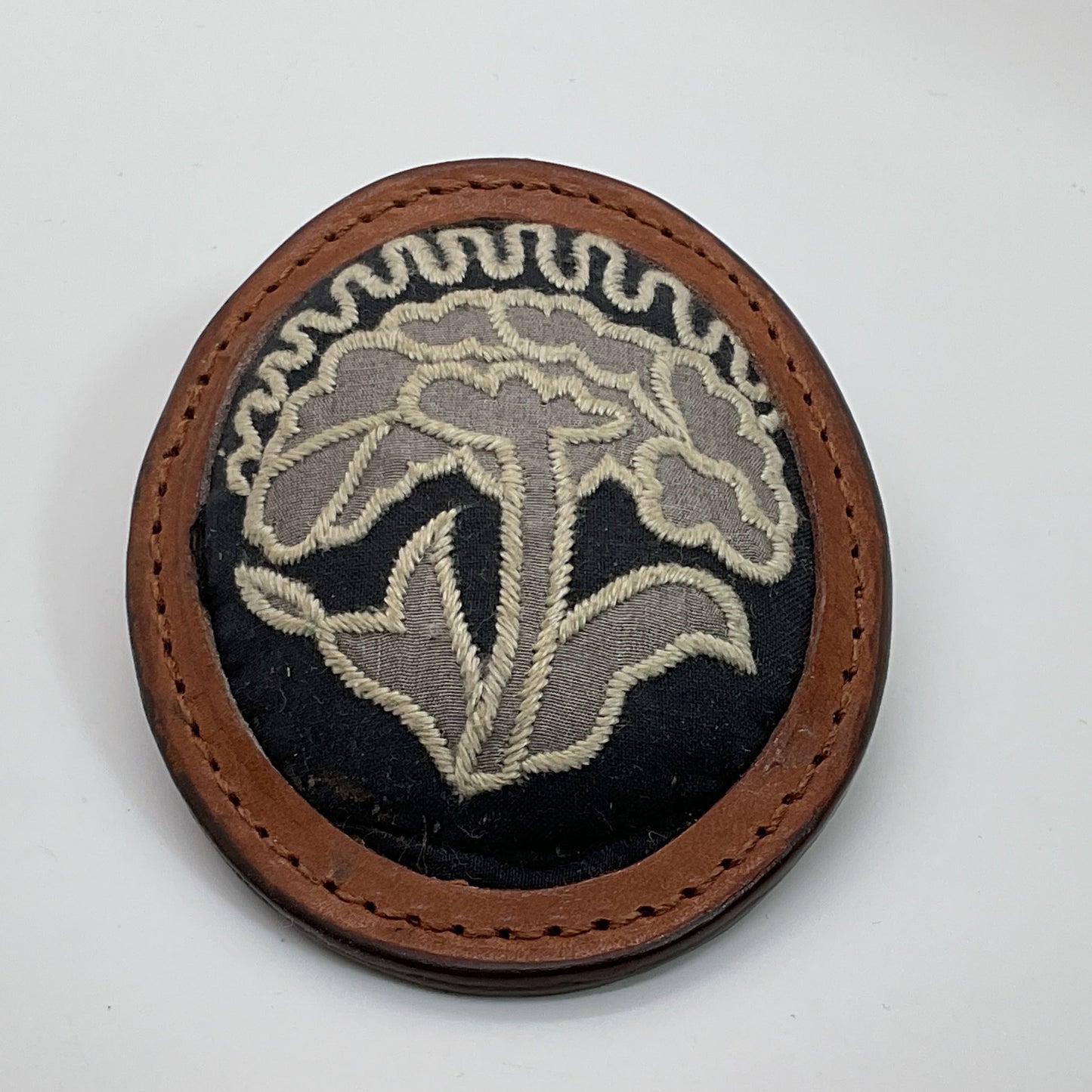 VTG./ANTIQUE Embroidered Leather Brooch/Pin- 3"