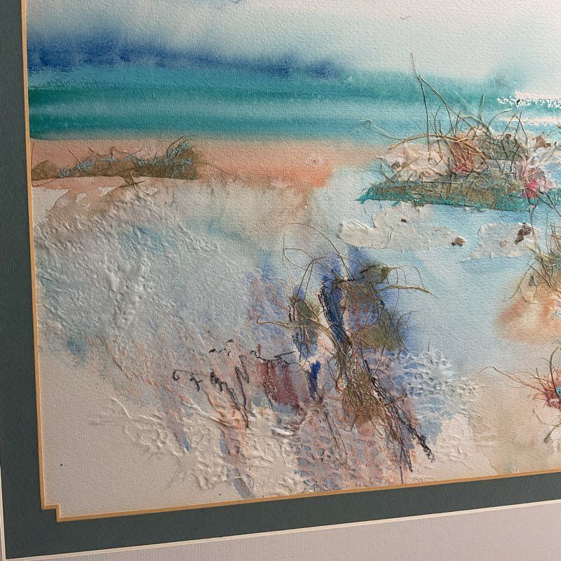 1998 Bruce Spicer "Aqua Bay" Mixed Media Watercolor Collage Painting 18x24
